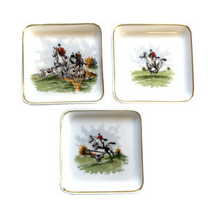 3 Vintage H & Co Selb Bavaria Heinrich Trinket Dishes featuring 3 Hunting Scenes